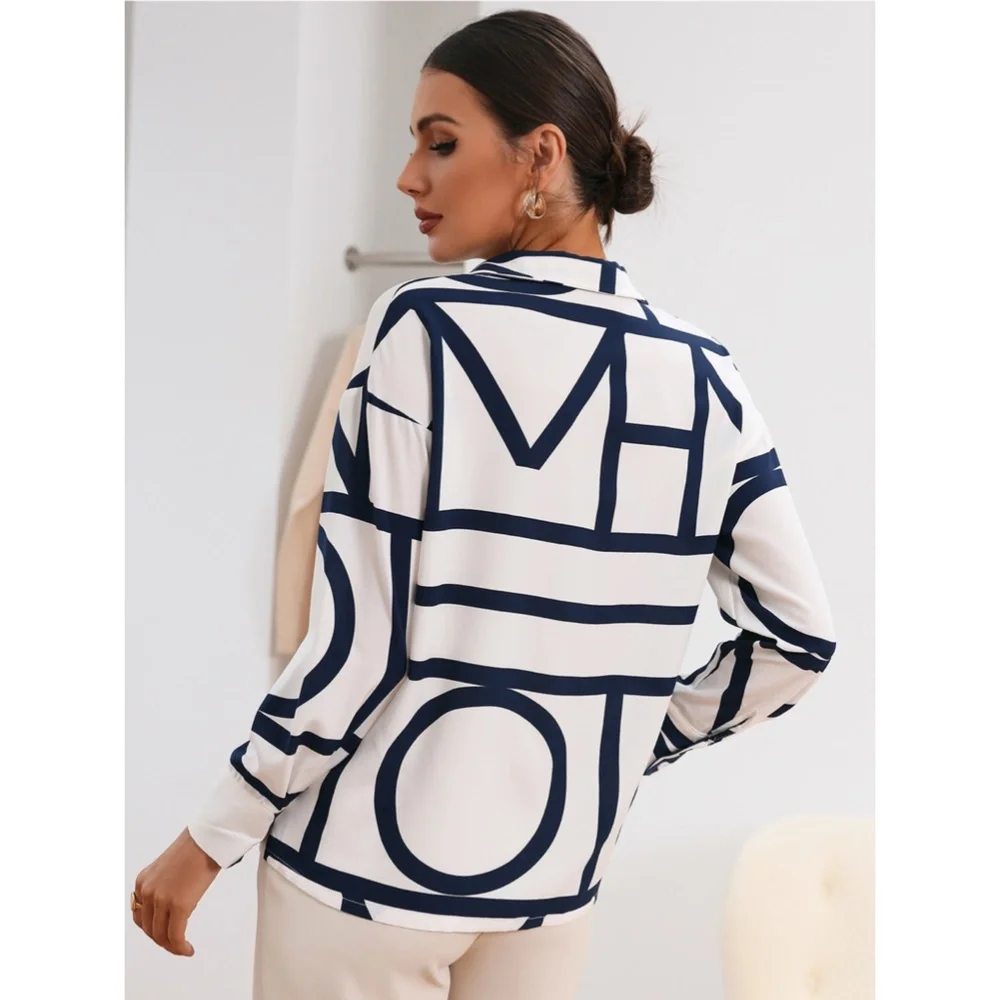 Geometric Print Blouse Buttoned Shirt White - Picture 2 of 9